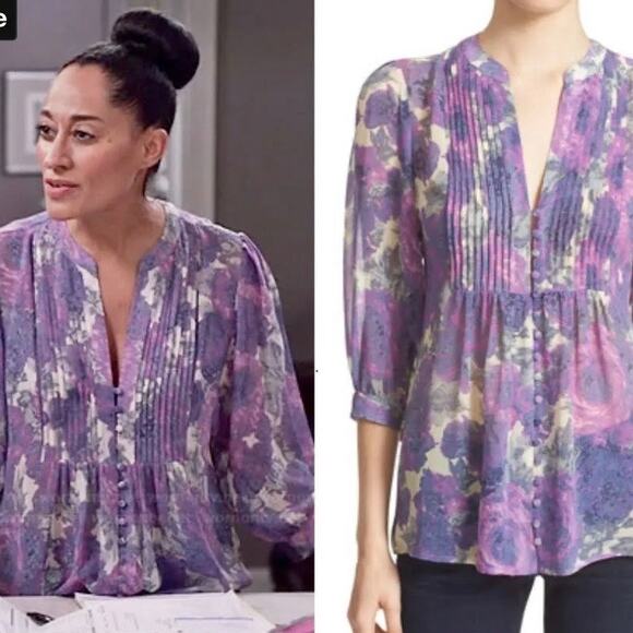 Joie Datev Purple Floral Pintuck Button Down Silk Blouse Size Large - Picture 6 of 14